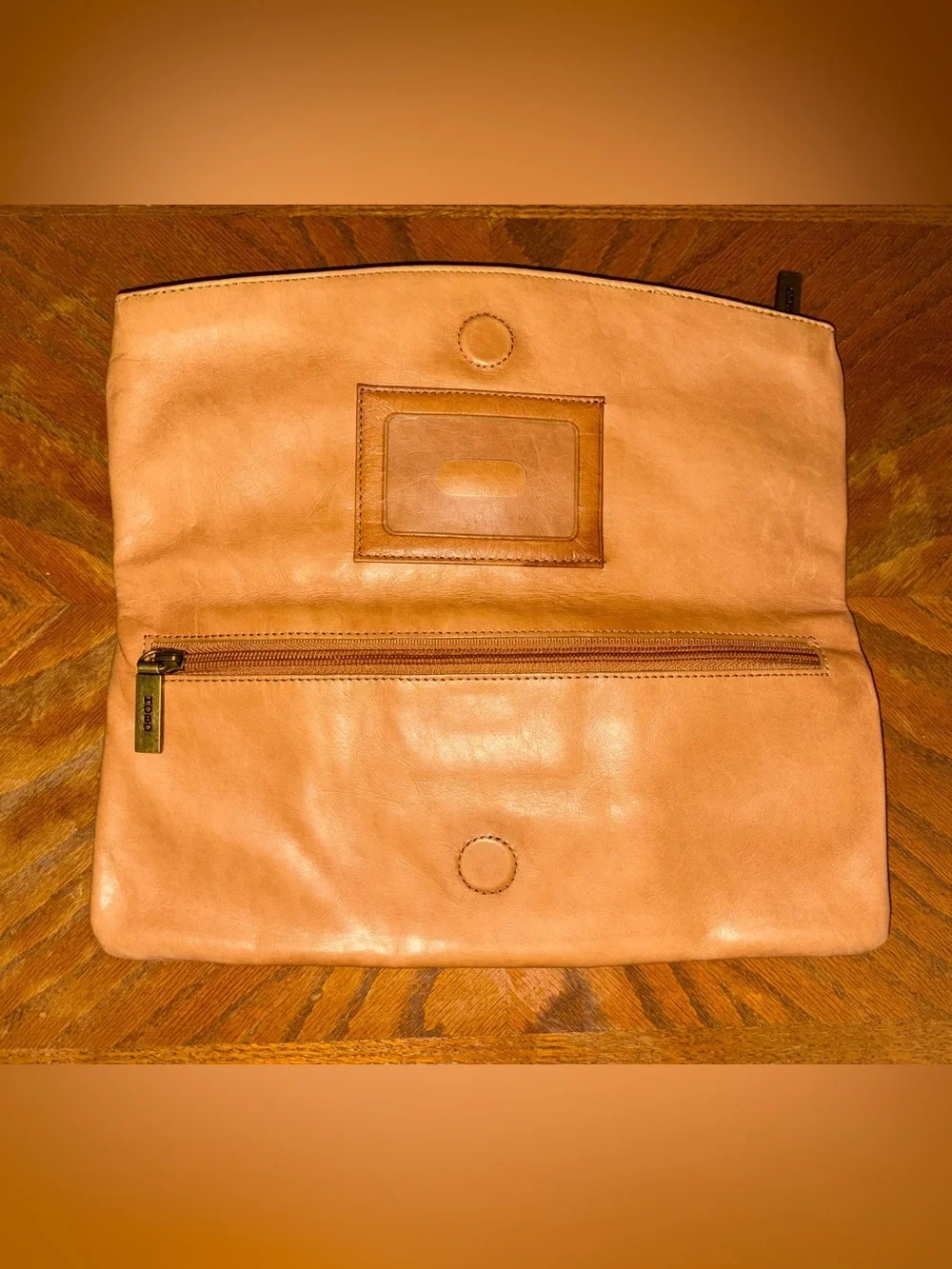 HOBO International Tan Leather Foldover Bow O-Ring Clutch Vintage